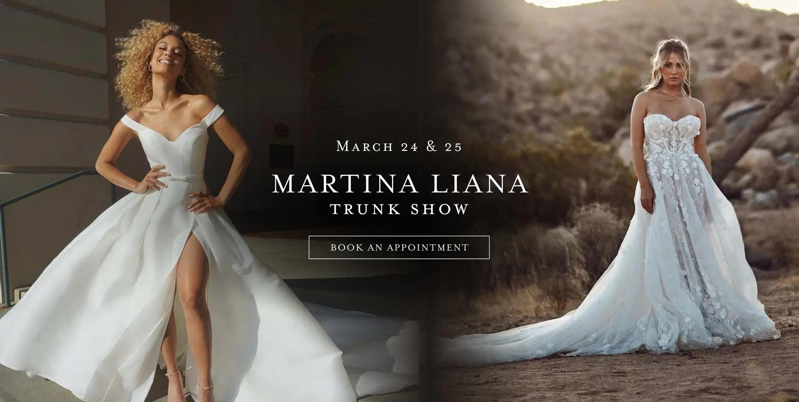Two models wearing wedding dresses. Martina Liana trunk show at Bella Bridal Gallery.