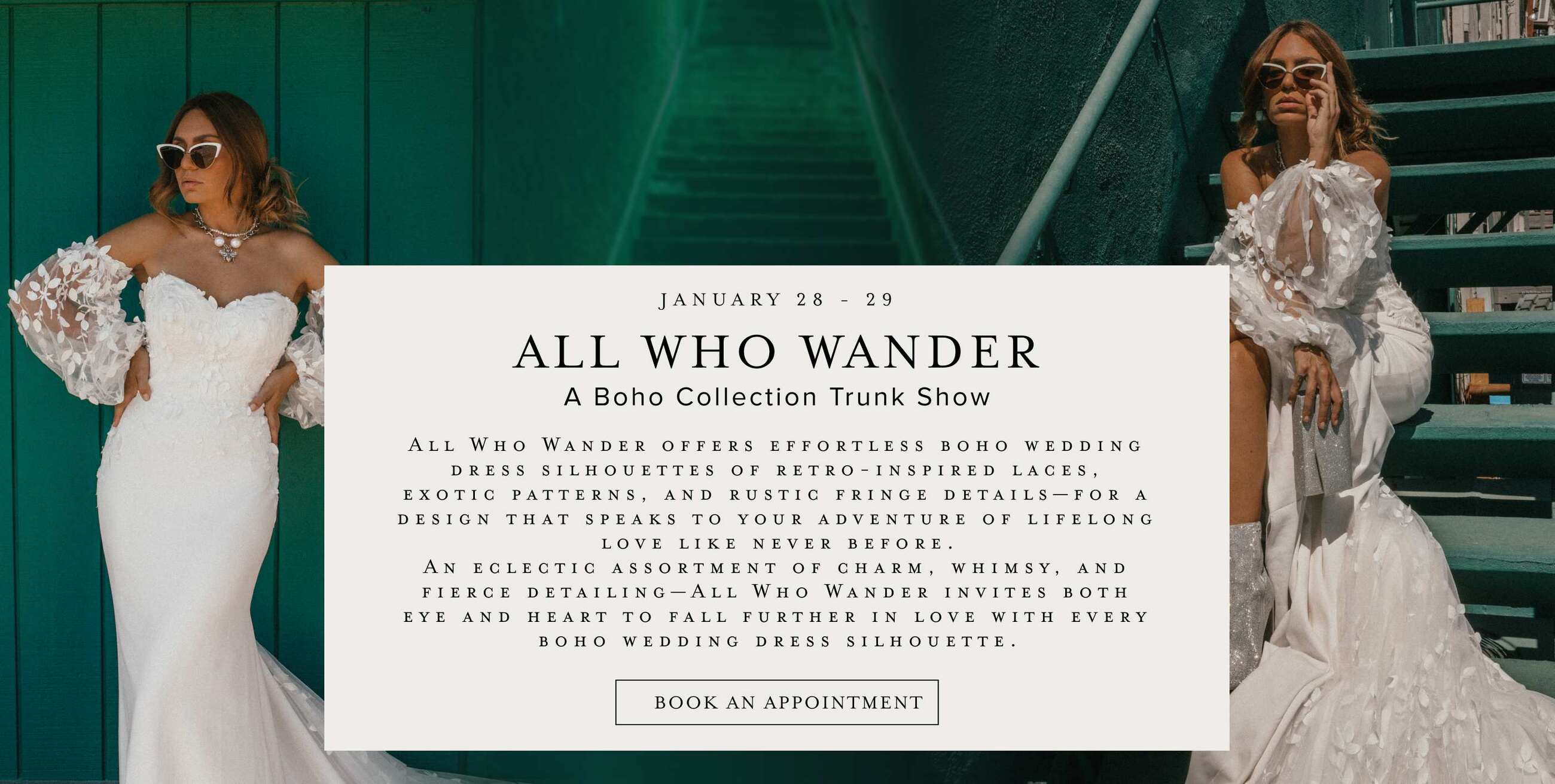 All Who Wander Trunk Show at Bella Bridal Gallery. Desktop image.